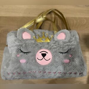 Under One Sky Gray and Pink Bear Duffel Bag with Gold Accents